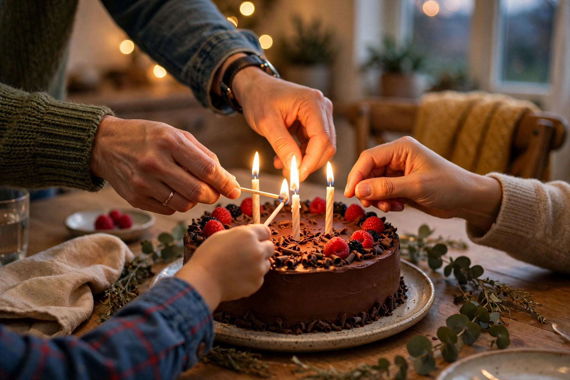Family lighting birthday candles together around a glowing cake
