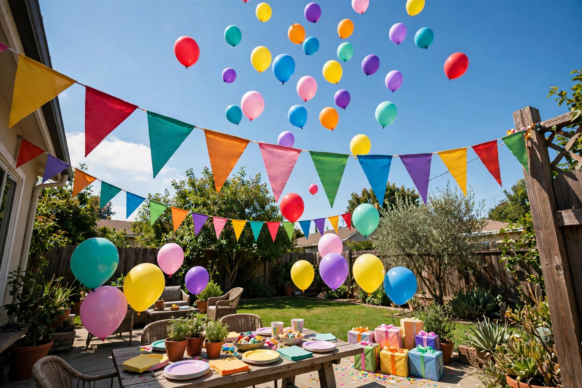 Balloons rising into a bright blue sky over a birthday celebration