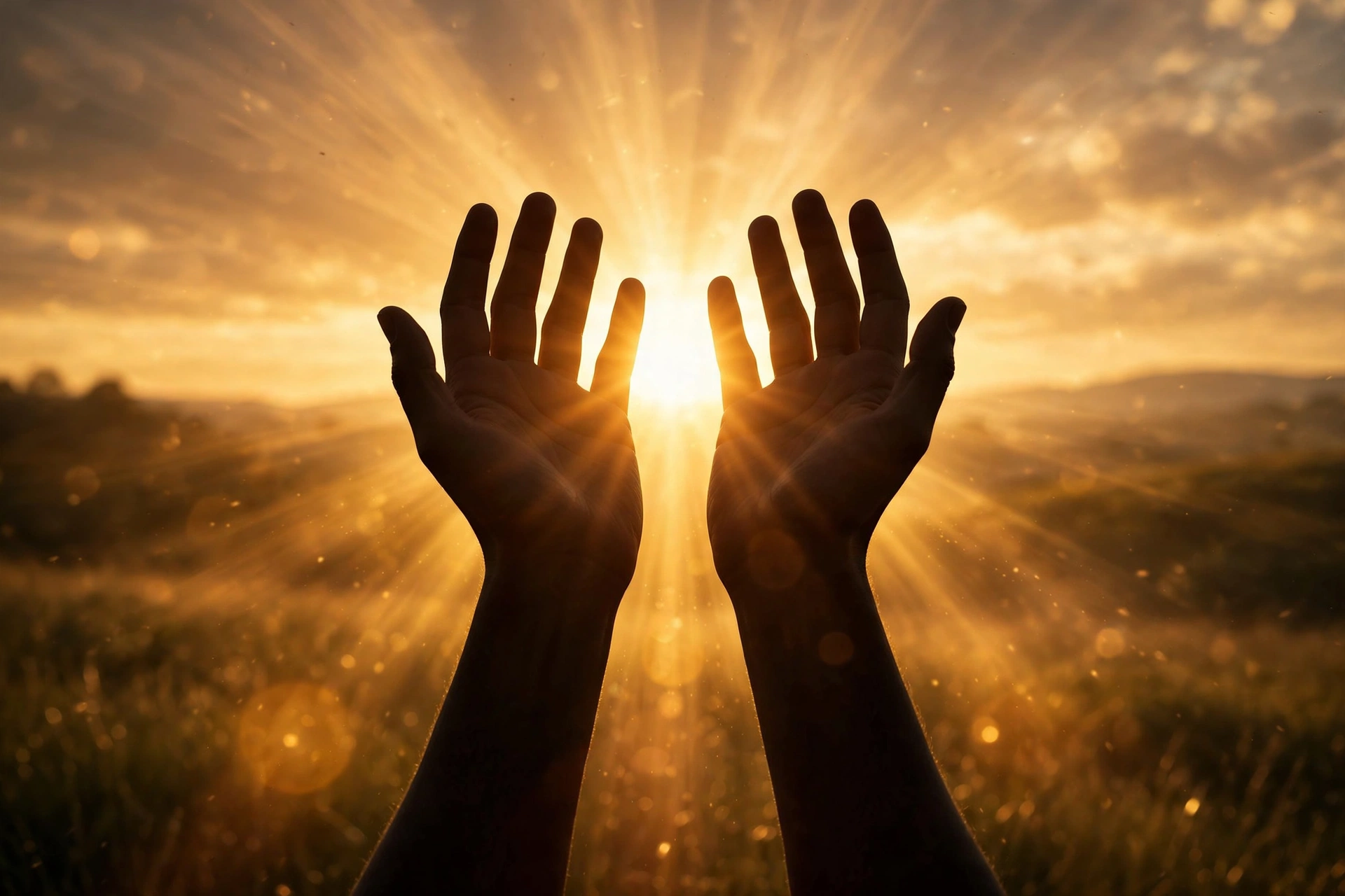 Silhouette of raised hands in the priestly blessing gesture against golden sunset rays