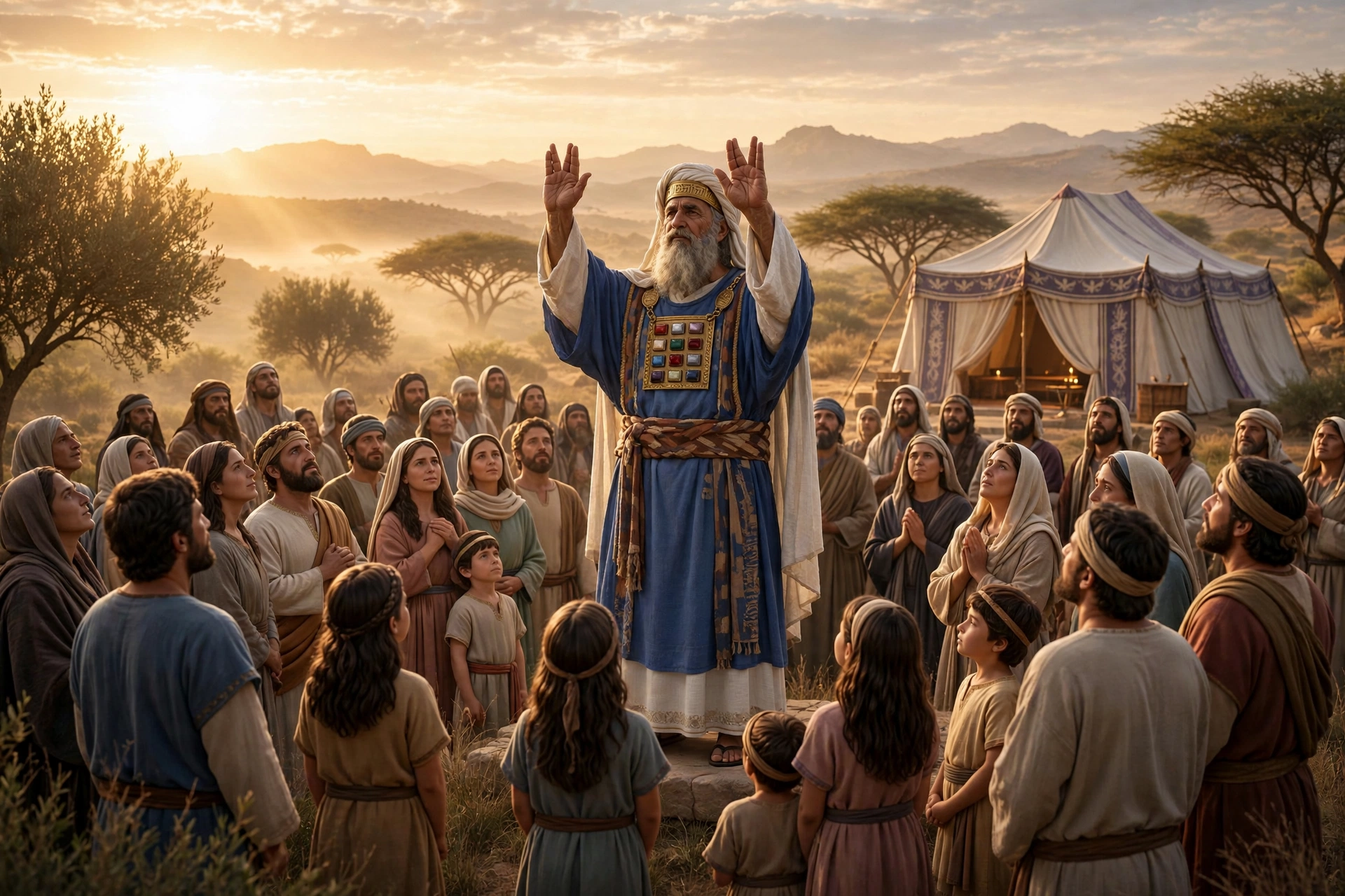 Ancient Israelite priest raising his hands in the Aaronic priestly blessing over a congregation at sunrise, with the tabernacle in the background