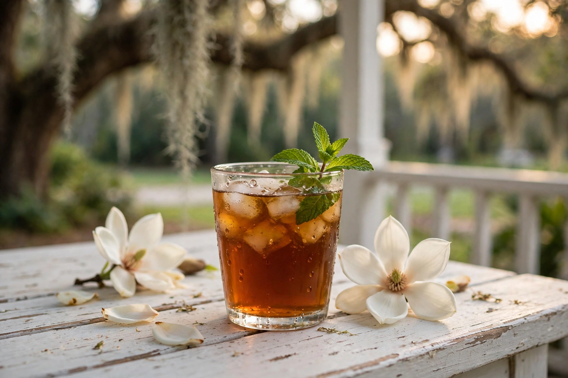 Glass of sweet tea with magnolia blossoms on a Southern porch table