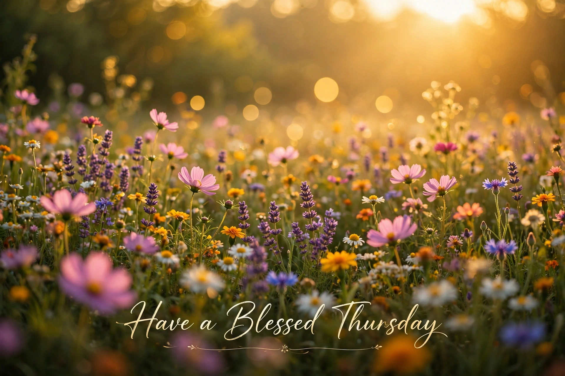 Thursday blessings images for family and friends: field of flowers in golden sunlight
