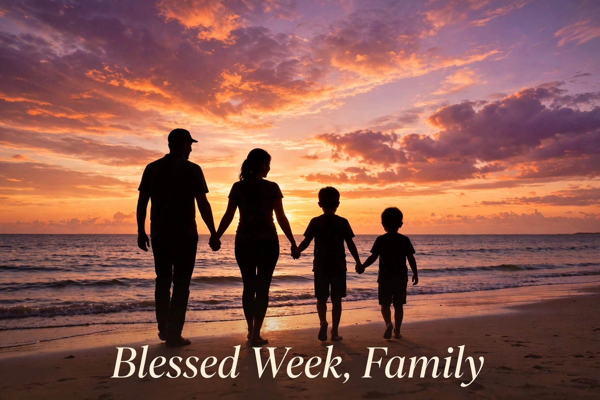 Blessed week family image - family silhouette walking at sunset