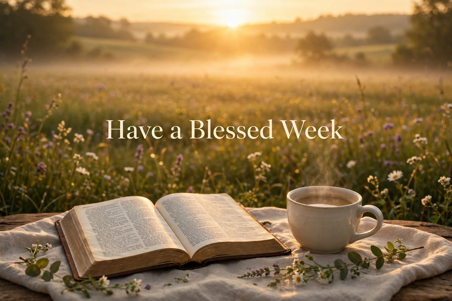 Blessed week images - Have a Blessed Week sunrise with open Bible and coffee