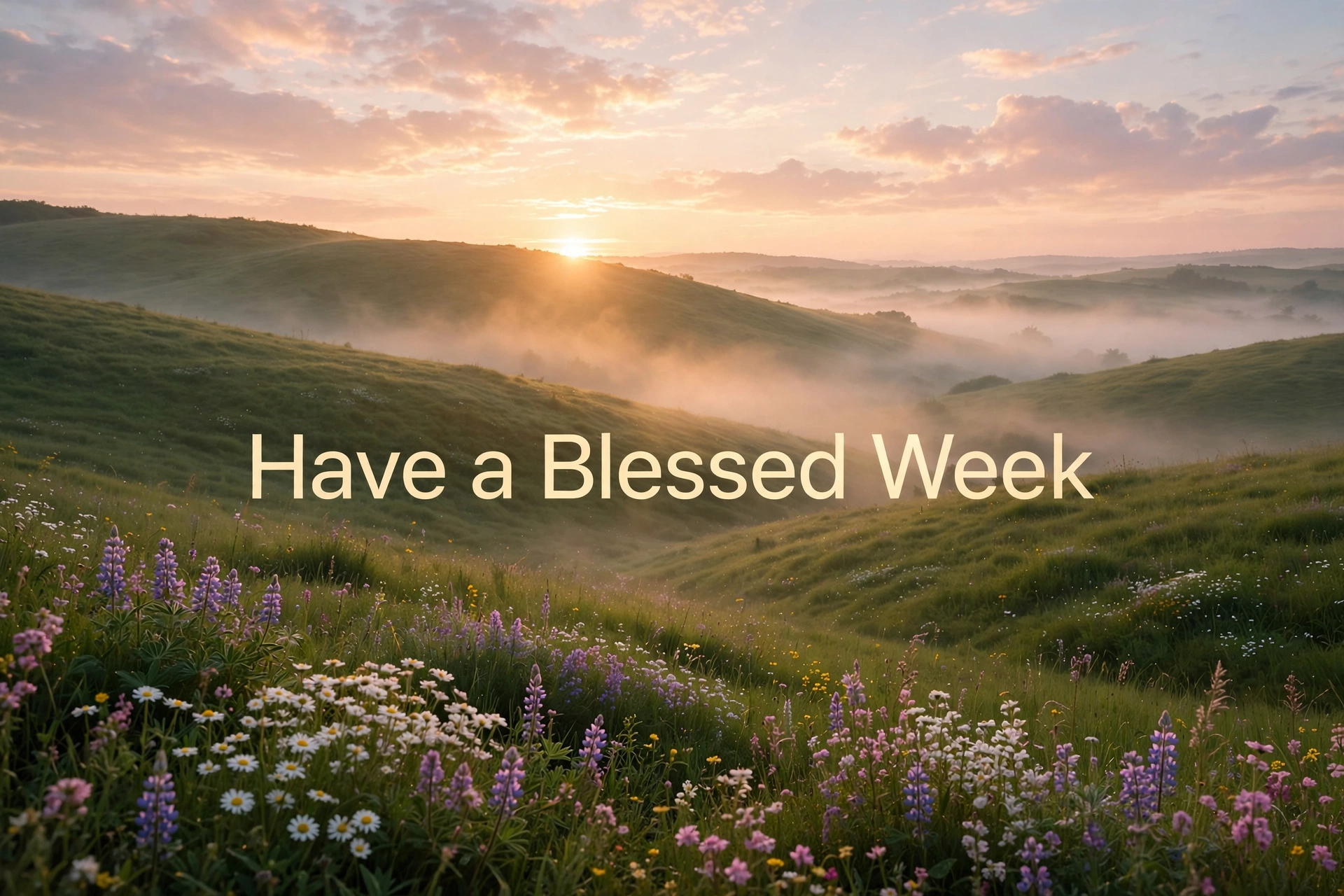 Have a blessed week image - sunrise over misty hills and wildflowers