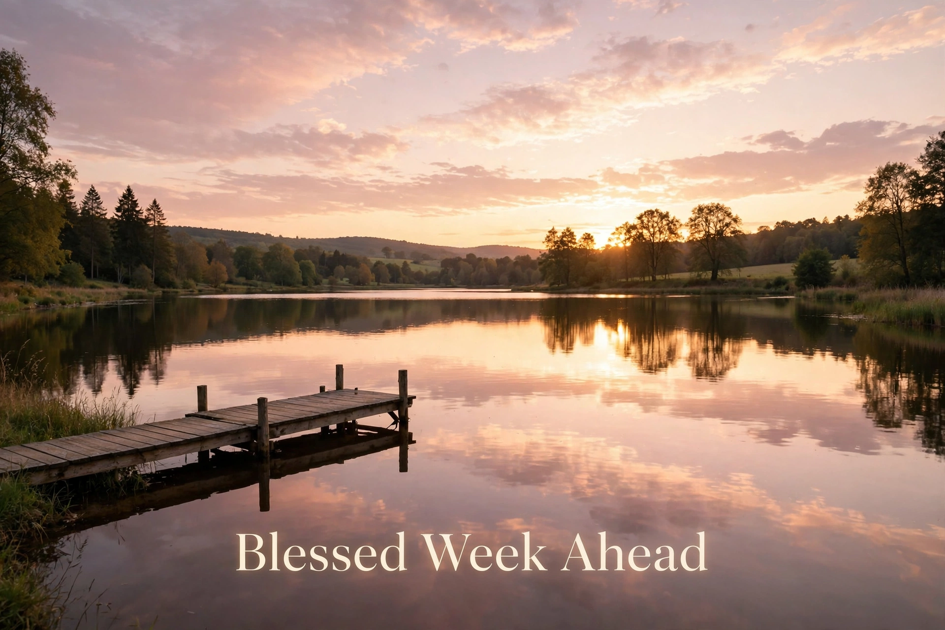 Blessed week ahead image - peaceful lake at sunset