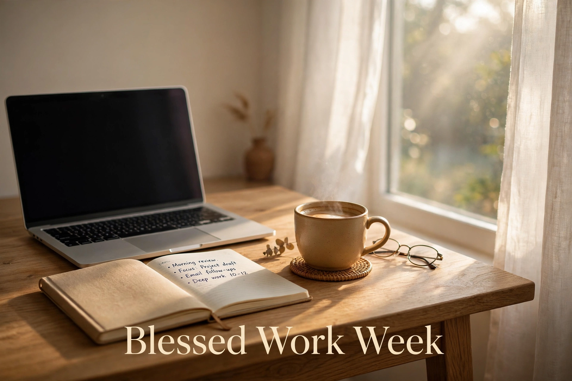 Blessed work week image - sunny desk with laptop and coffee