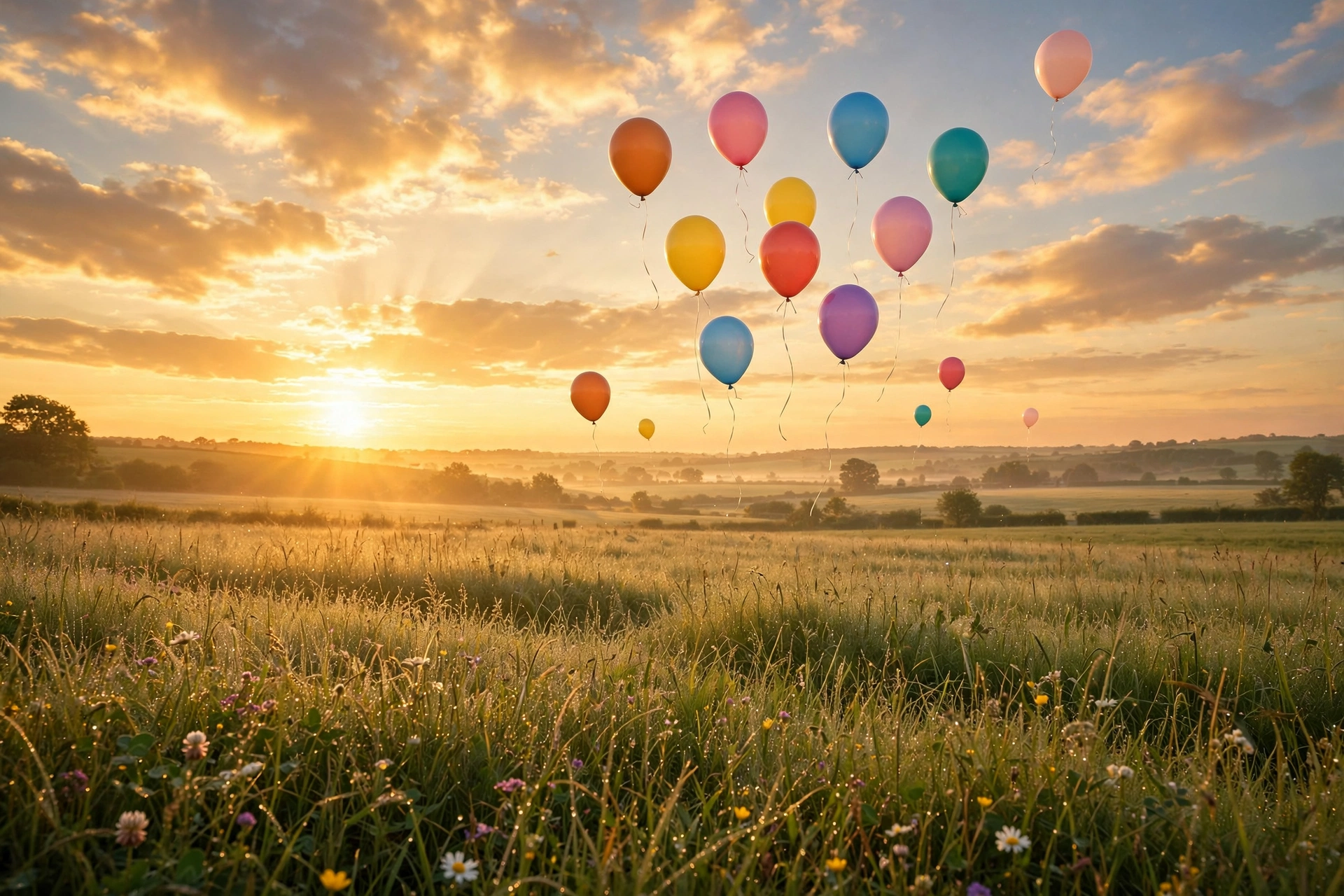 Colorful birthday balloons rising into a golden sunrise sky over a peaceful field
