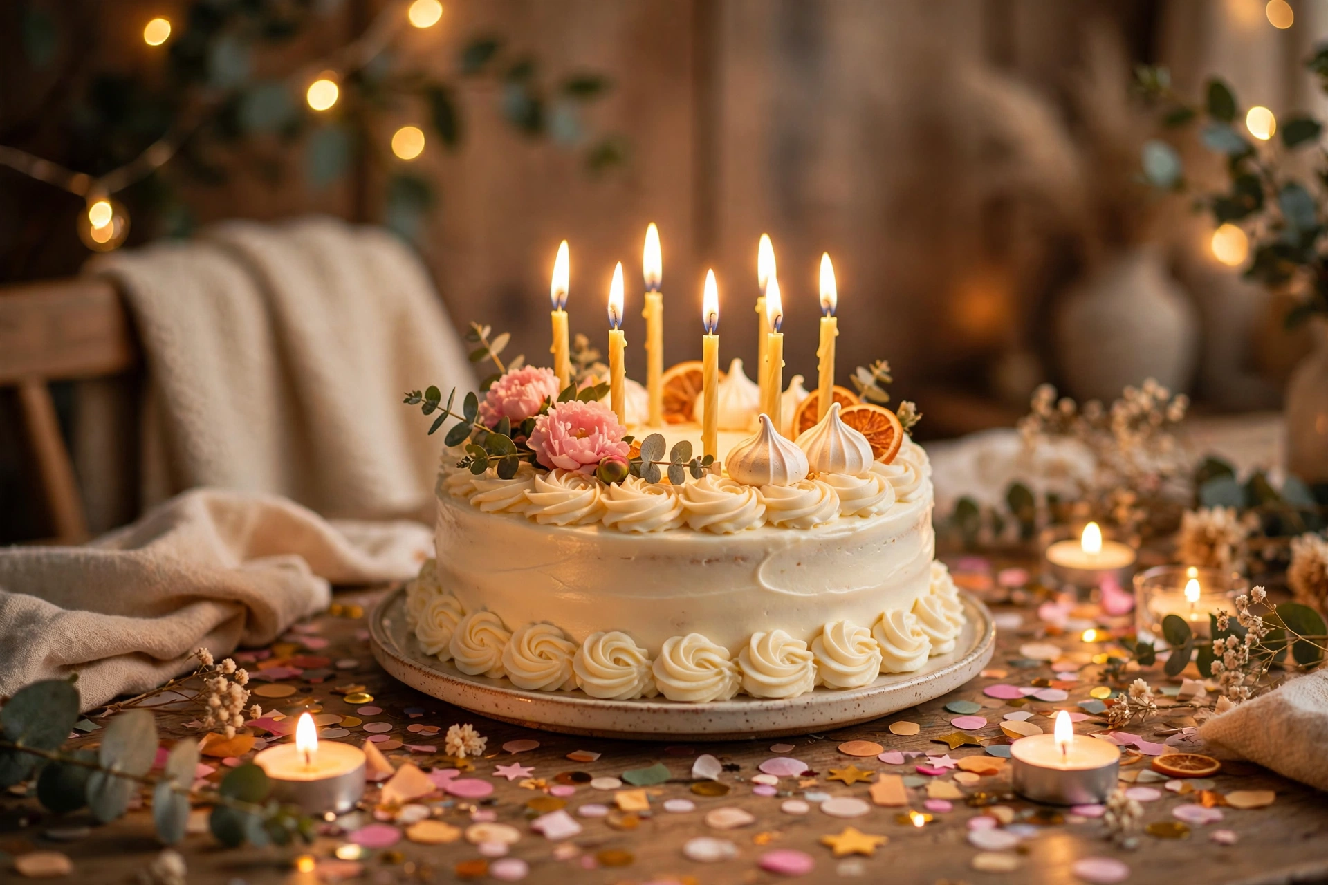 A birthday cake with glowing candles on a festive table with warm lights and confetti