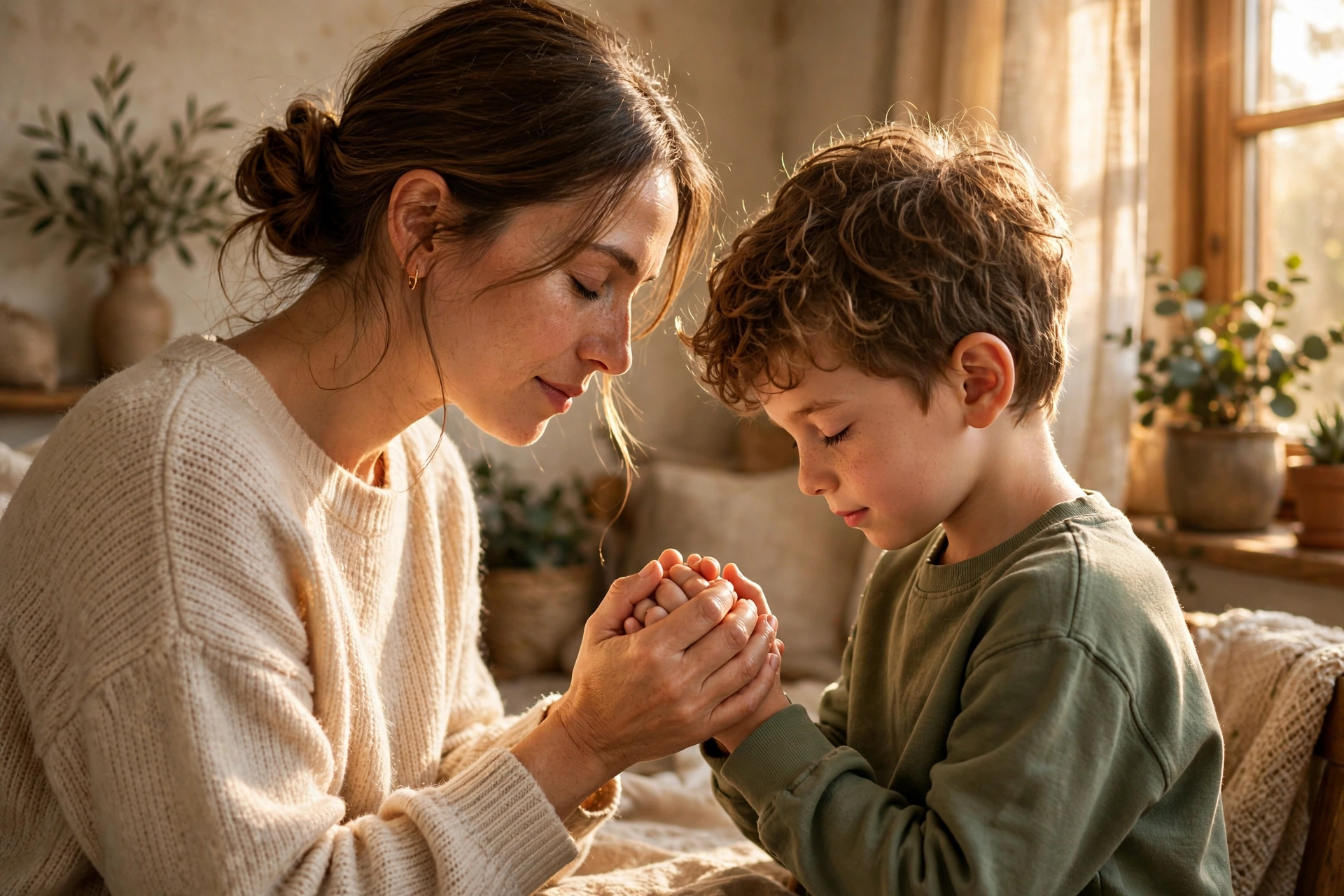 A mother gently holding her son's small hands in prayer in warm window light