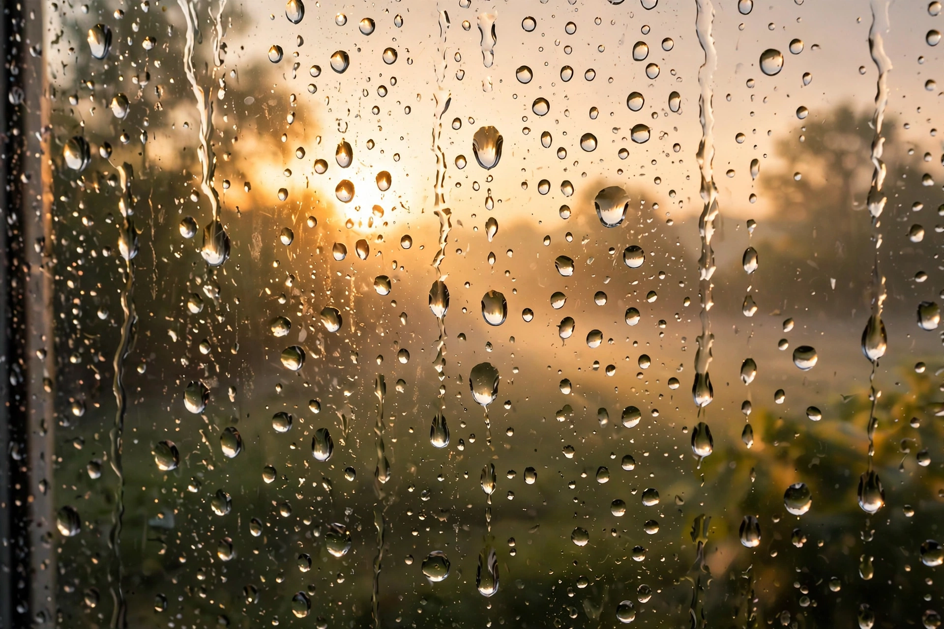 Raindrops on a windowpane with a glowing sunrise behind, symbolizing hope after hardship