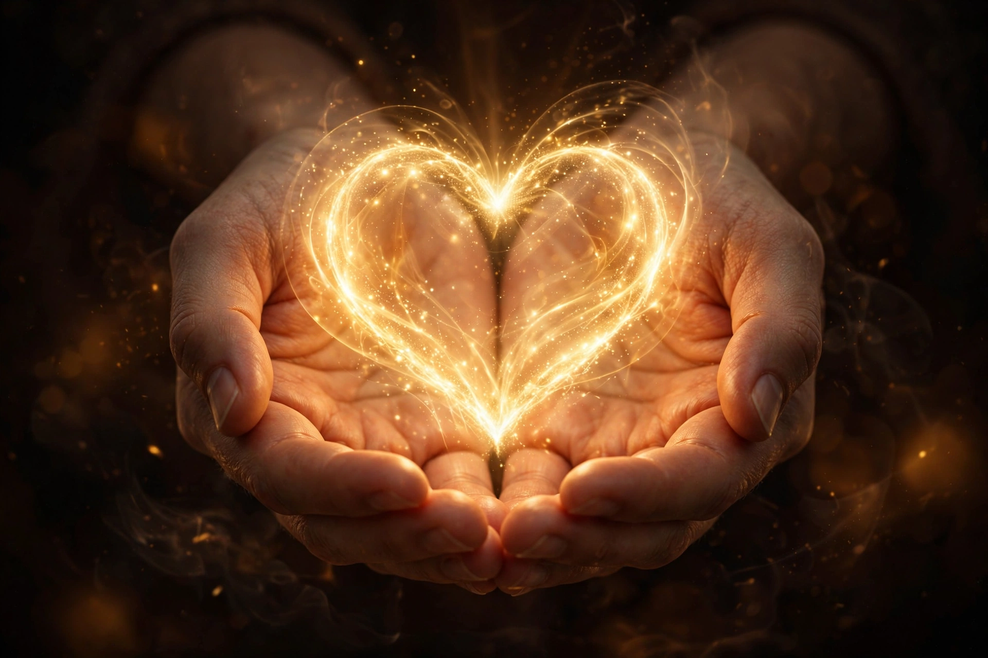 Cupped hands holding a glowing golden heart symbolizing blessing