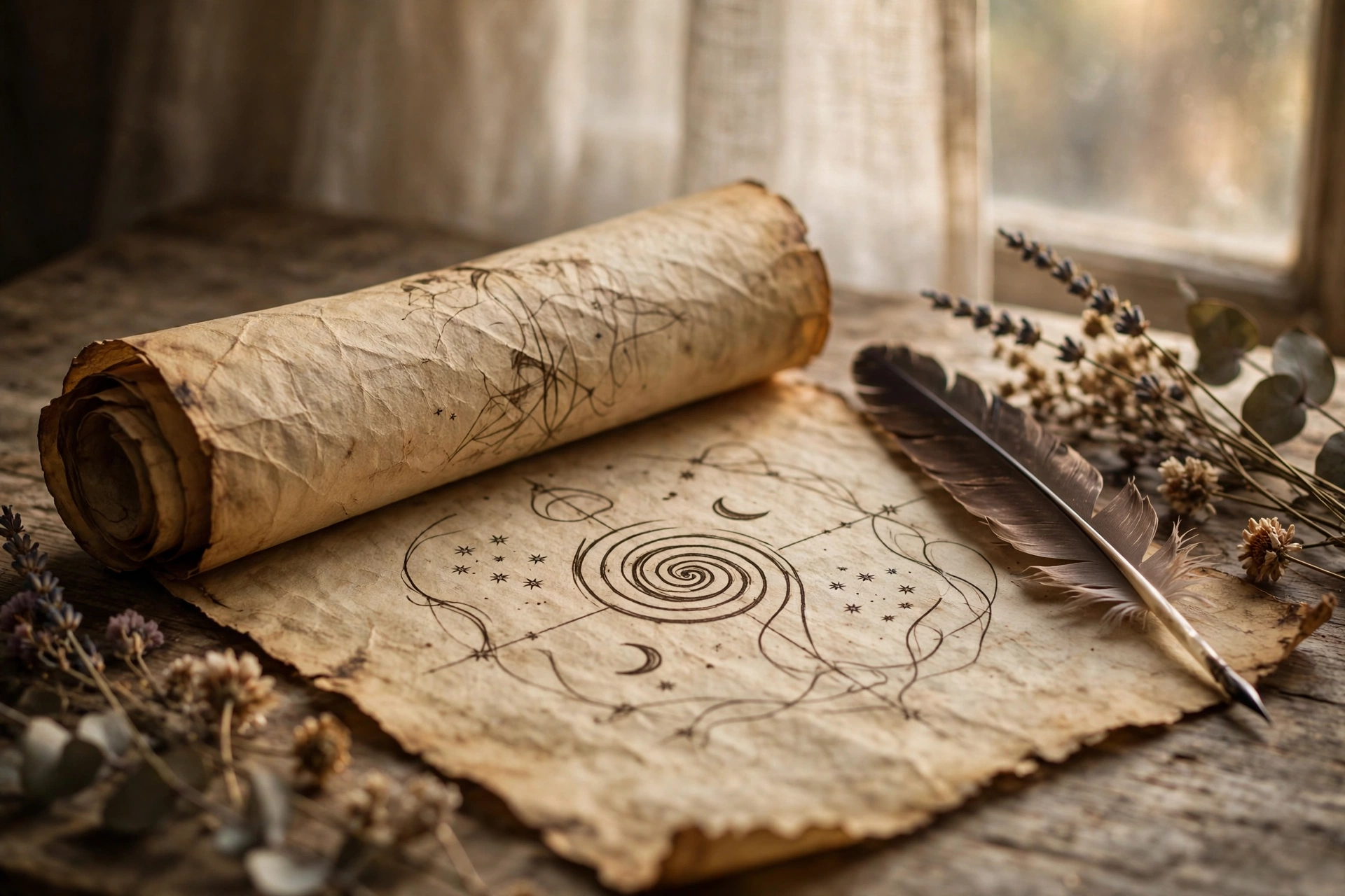 Ancient parchment scroll with quill and dried flowers representing written blessings