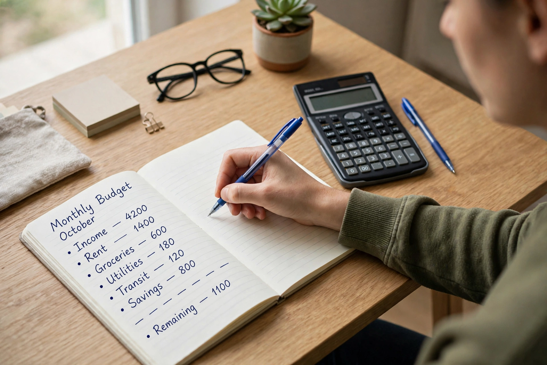 A person writing a monthly budget in a notebook beside a calculator, financial wisdom and stewardship
