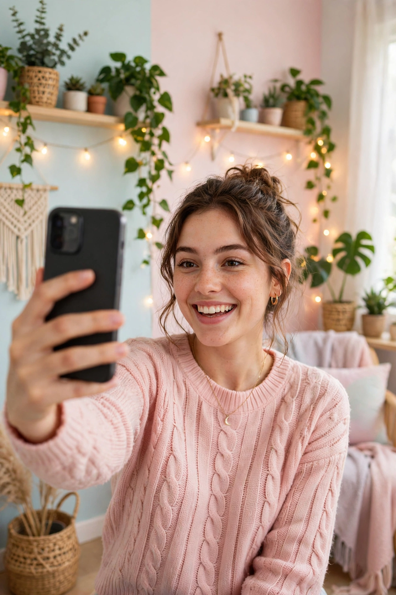 Young woman taking a cheerful selfie in a bright pastel room – caption-ready cute sayings for girls