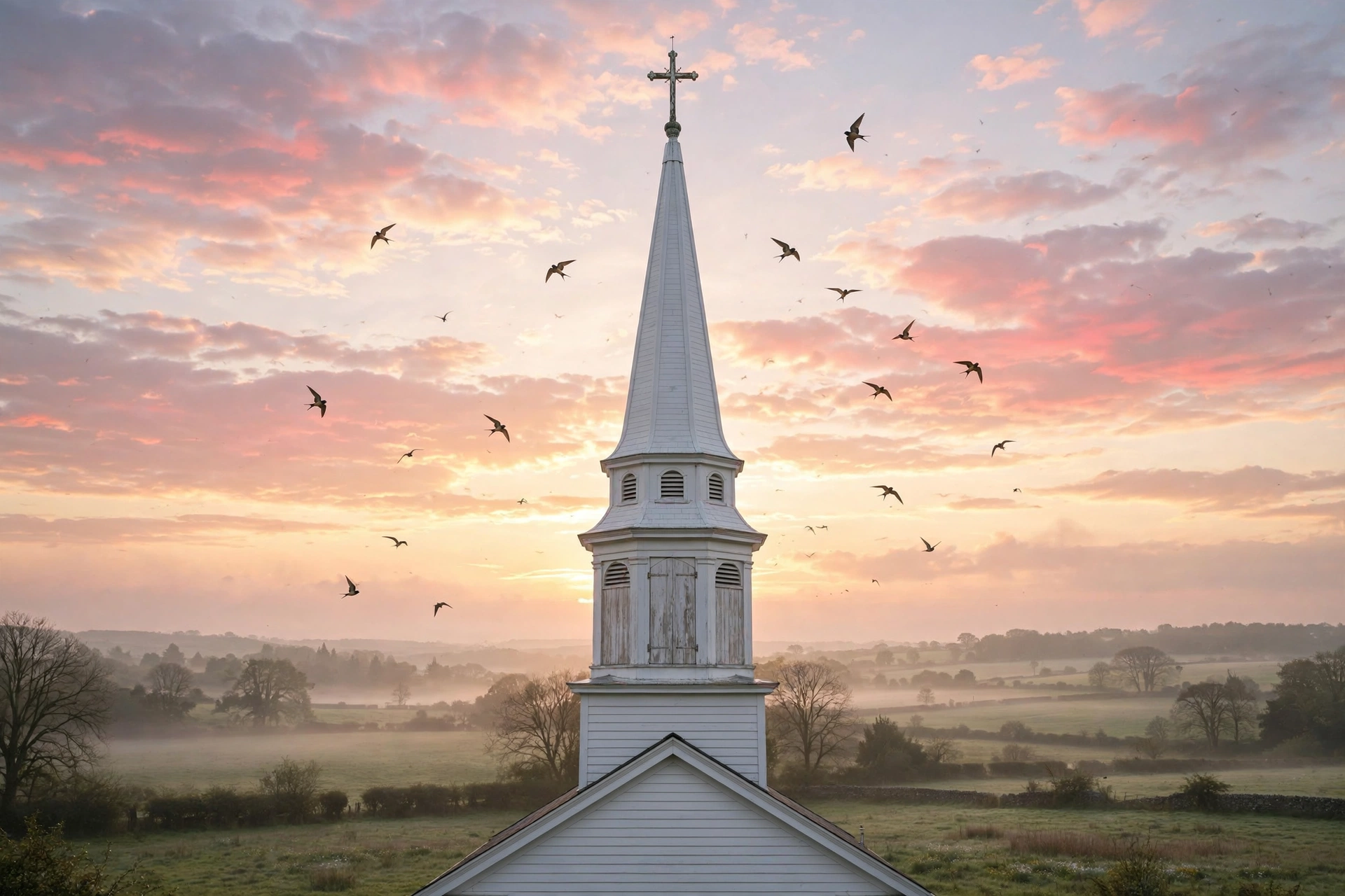 Church steeple against a Sunday morning sunrise sky