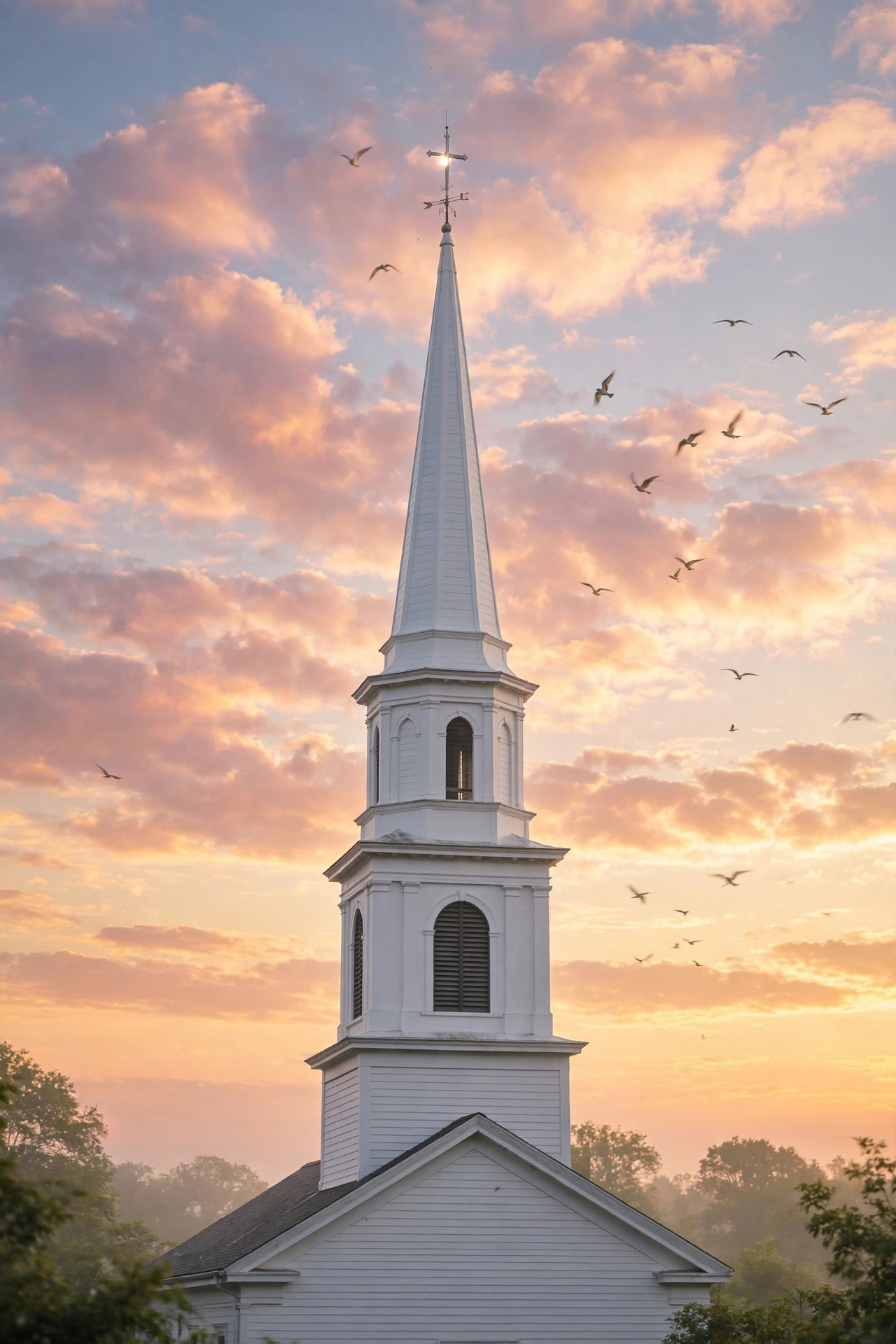 Church steeple at Sunday sunrise