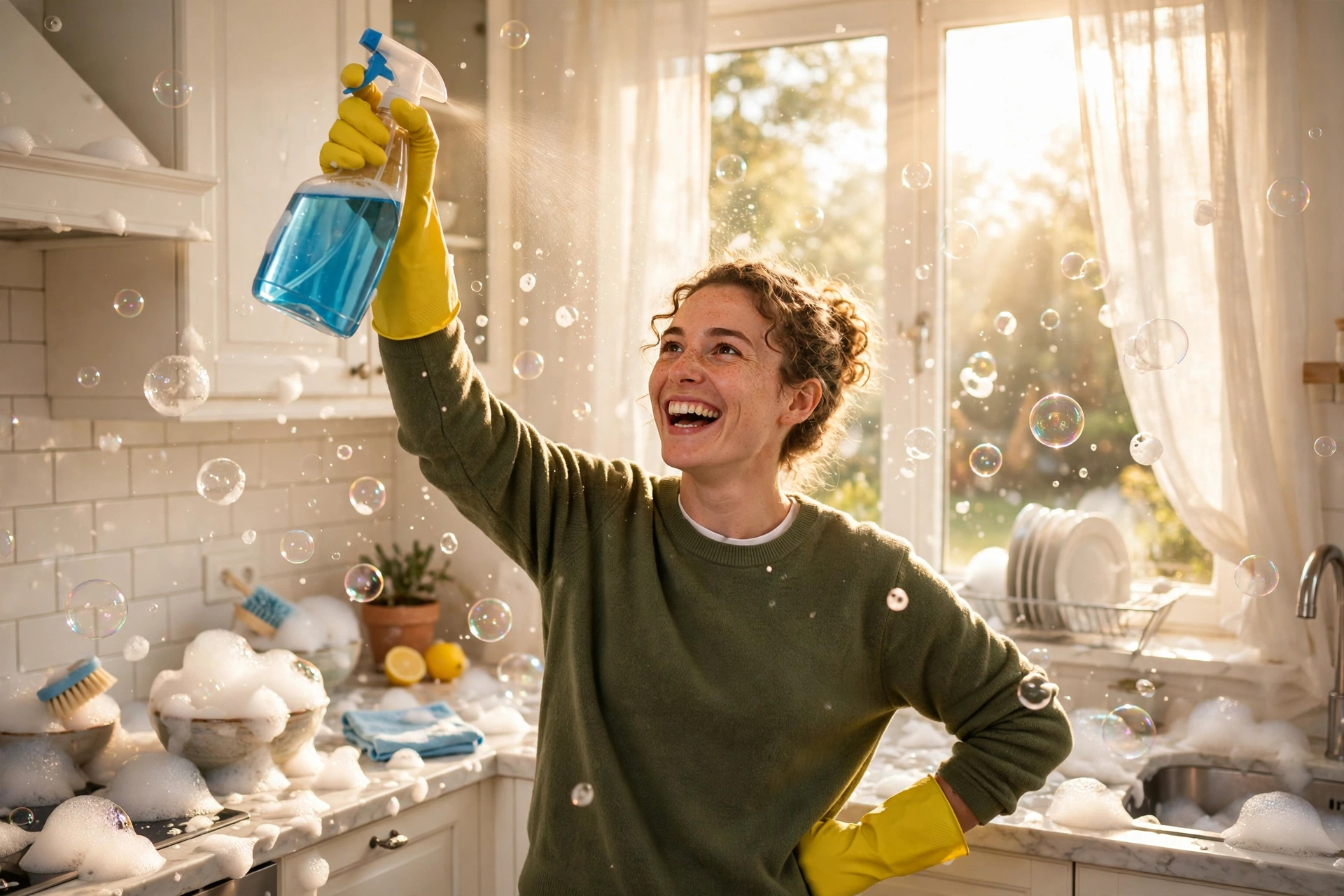 Funny cleaning quotes to make chores bearable — person triumphantly holding a spray bottle in a sparkling kitchen