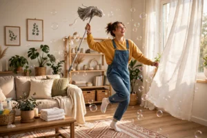 Funny cleaning quotes featured image — person dancing with a mop in a bright tidy living room
