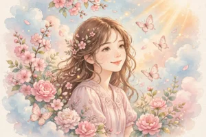Cute quotes for girls — dreamy pastel illustration of a smiling girl with flowers and butterflies