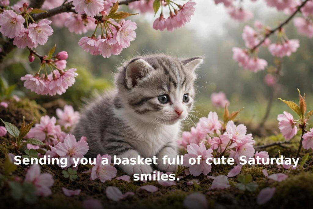 Cute Saturday blessings – kitten among pink blossoms