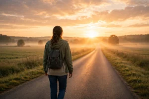Person walking toward a bright sunrise on an open road, ready for a fresh start