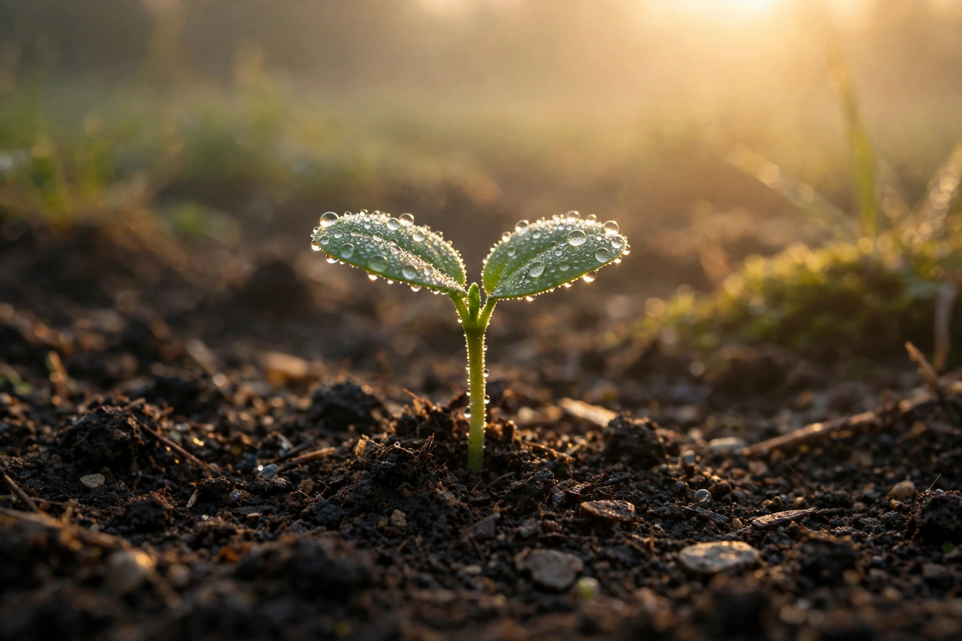 Don't force anything quotes about patience — a single green sprout growing through dark soil at sunrise