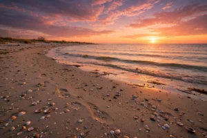 Golden-hour sunset over a calm sea at the end of summer, warm orange and pink sky above gentle waves — a farewell scene for end of summer quotes.