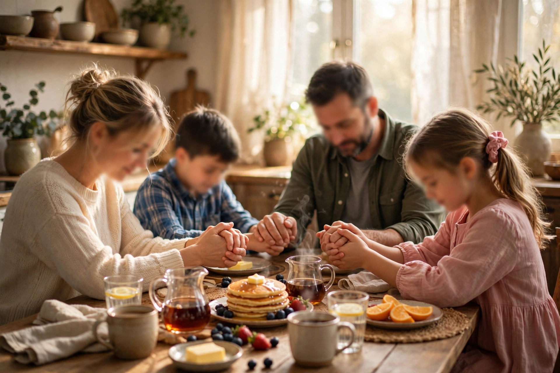 Family holding hands in prayer around a Sunday breakfast table