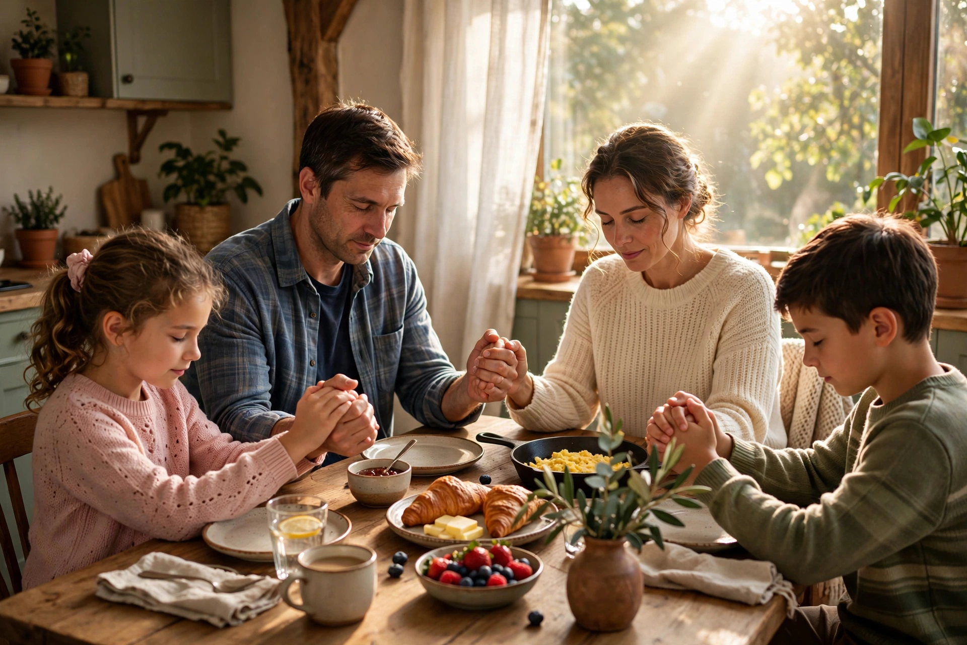 Family praying together at Sunday breakfast