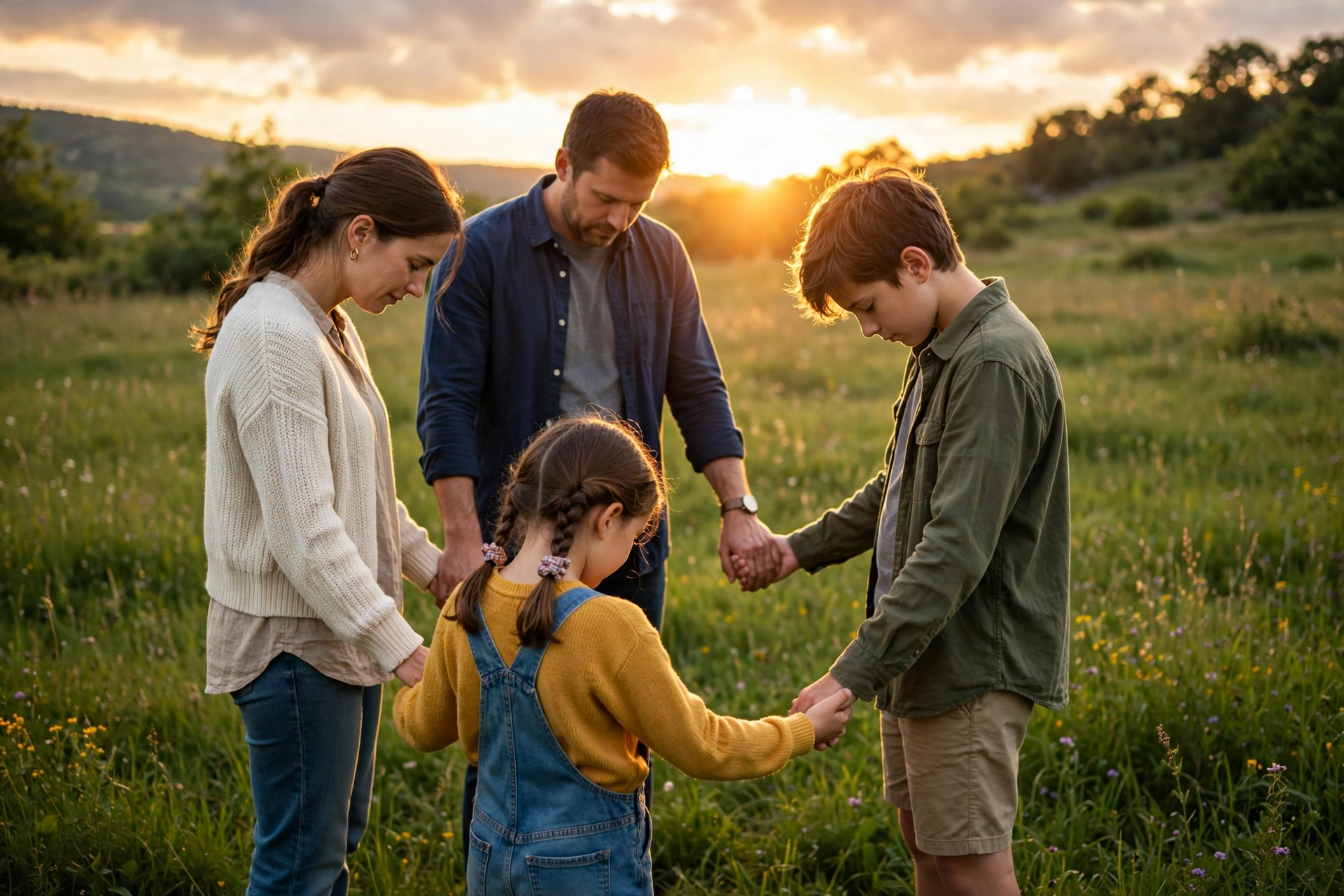Family holding hands praying together at sunset in a meadow