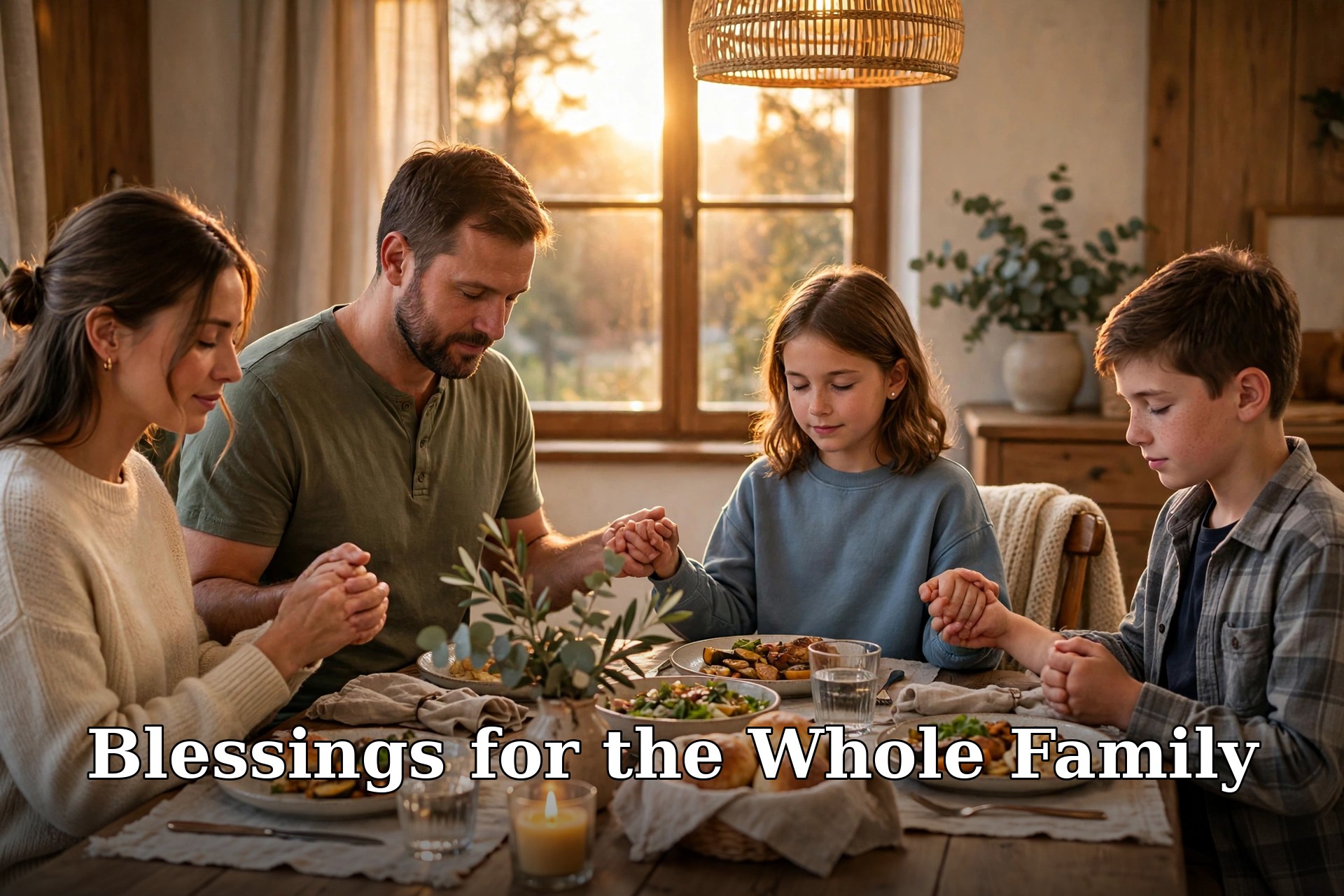Blessings for the whole family praying together at dinner table, text overlay