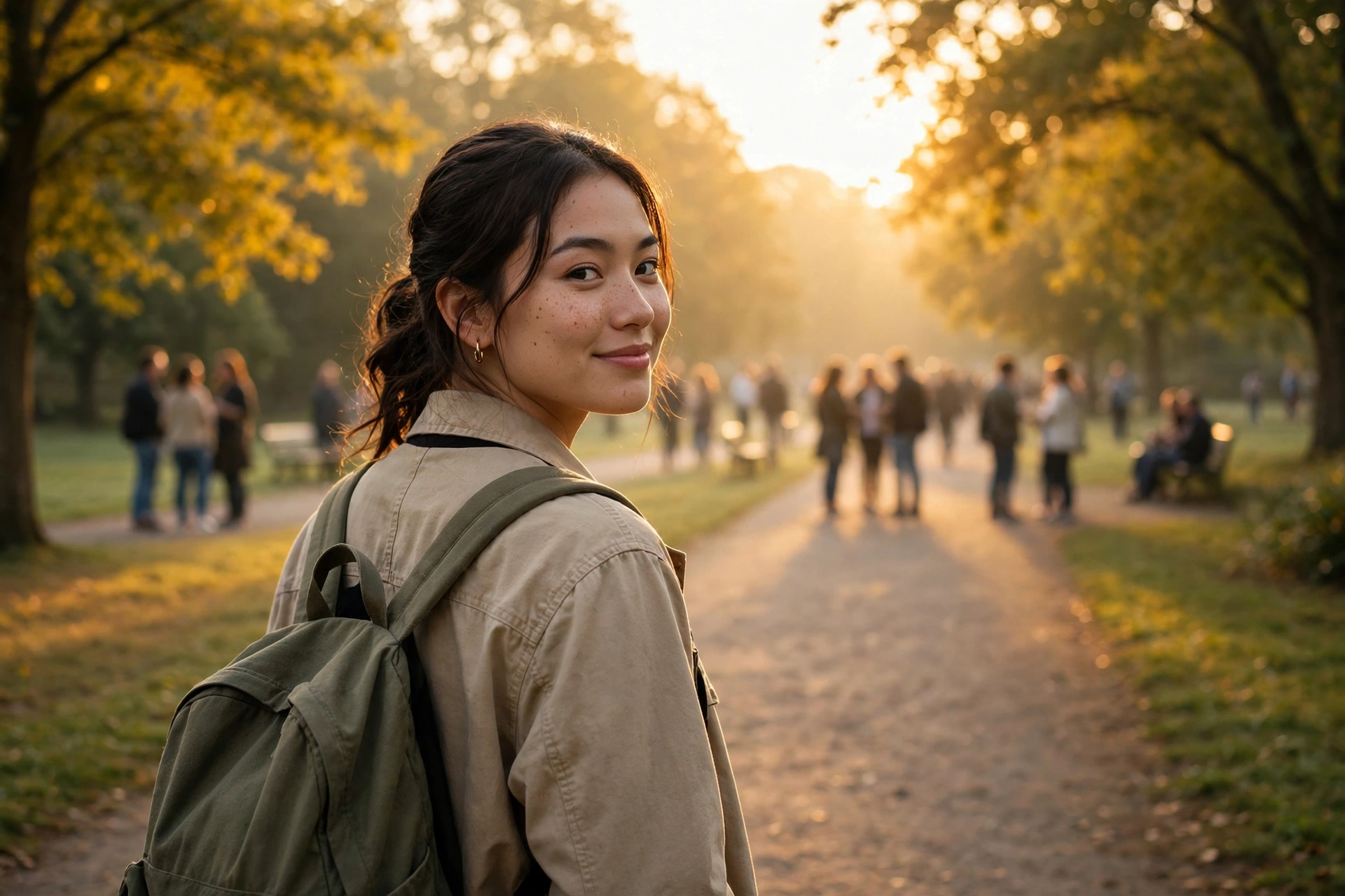 Confident woman walking away smiling at sunrise while others talk behind her back
