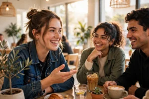 Talking back quotes featured image of a confident young woman smiling while giving a witty comeback to friends at a bright cafe