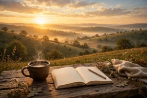 Golden Saturday sunrise over calm hills with coffee and journal for strength saturday inspirational quotes