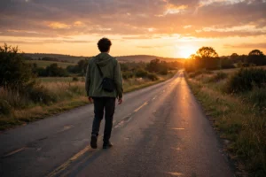 Person walking away confidently down a quiet road at sunset, free and unbothered