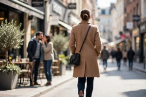 Confident person walking away while others whisper gossip in the background