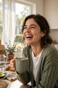 Cheerful person laughing with a coffee mug on a bright Wednesday morning