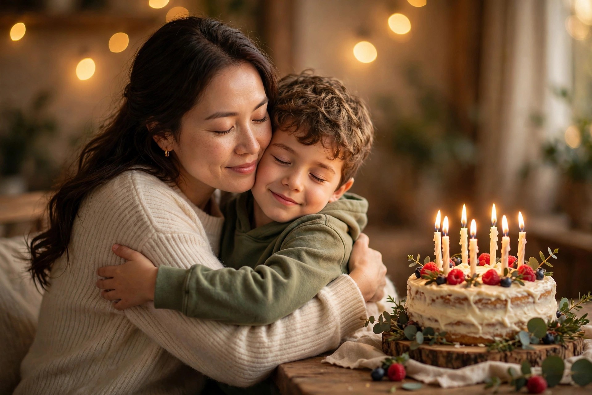 A loving mother embracing her young son beside a birthday cake with lit candles in warm golden light