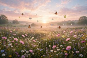 Cute Saturday blessings – pastel sunrise over flower meadow