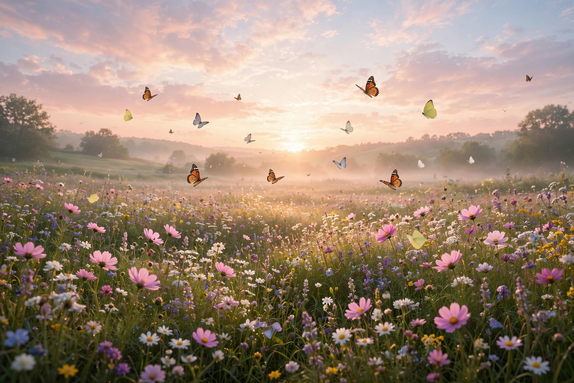 Cute Saturday blessings – pastel sunrise over flower meadow