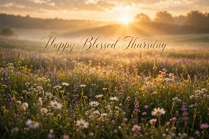 Happy Blessed Thursday — golden sunrise over a meadow with 'Happy Blessed Thursday' calligraphy