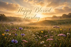 Happy Blessed Tuesday — golden sunrise over a meadow with 'Happy Blessed Tuesday' calligraphy