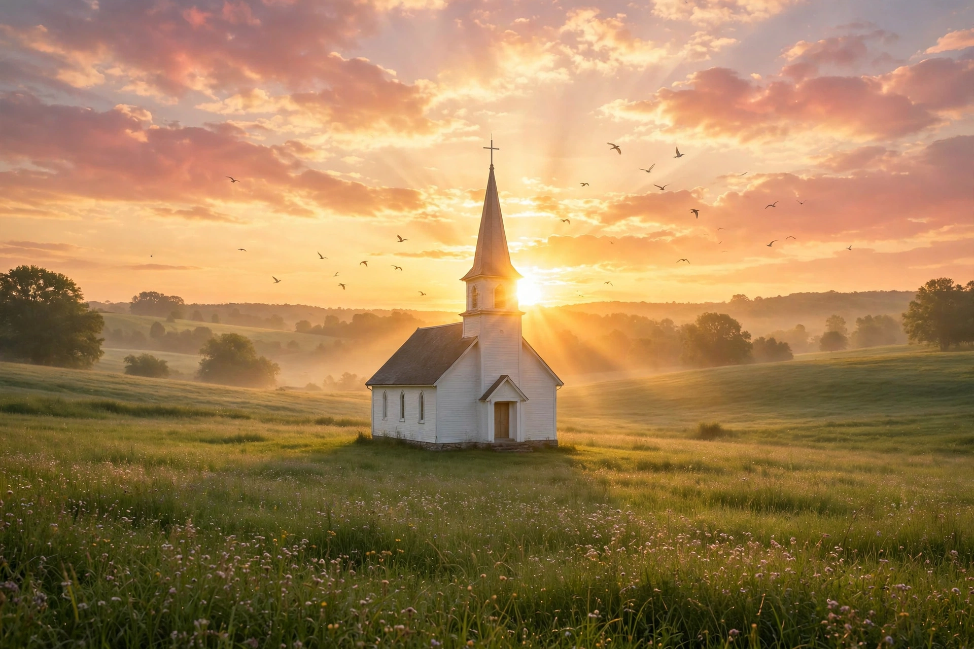 Golden sunrise behind a small white church with a tall steeple in a peaceful meadow, inspirational Sunday morning scene