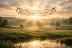 Golden Friday sunrise over a misty meadow with a Happy Friday banner glowing in soft light