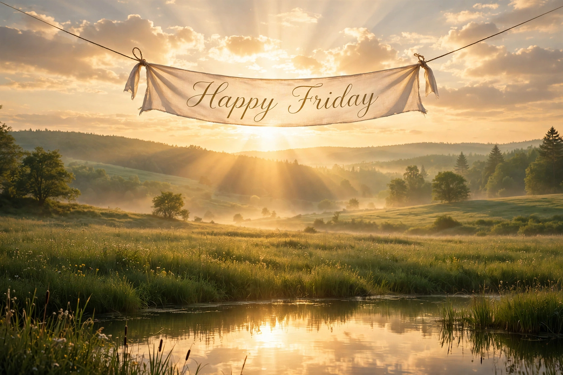 Golden Friday sunrise over a misty meadow with a Happy Friday banner glowing in soft light