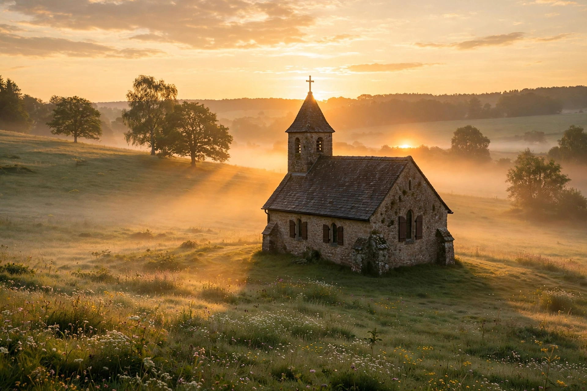 Sunrise over a small church, symbolizing Sunday prayer