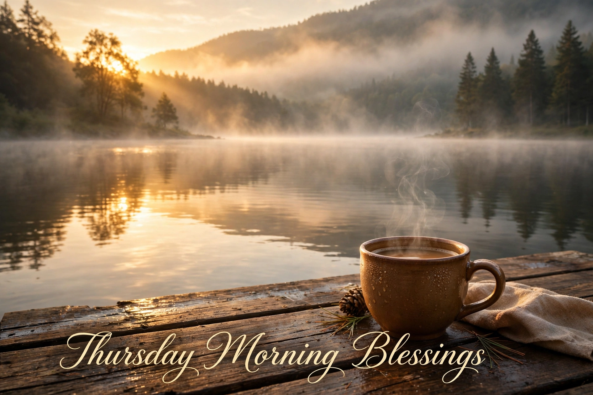 Thursday morning blessings images: sunrise over a calm lake with coffee on a wooden dock