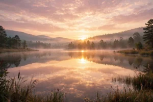Golden sunrise over a calm misty lake