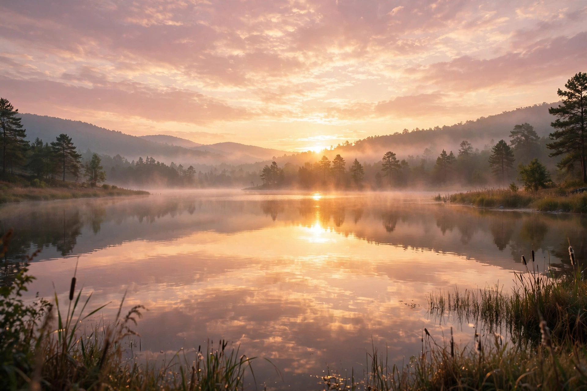 Golden sunrise over a calm misty lake